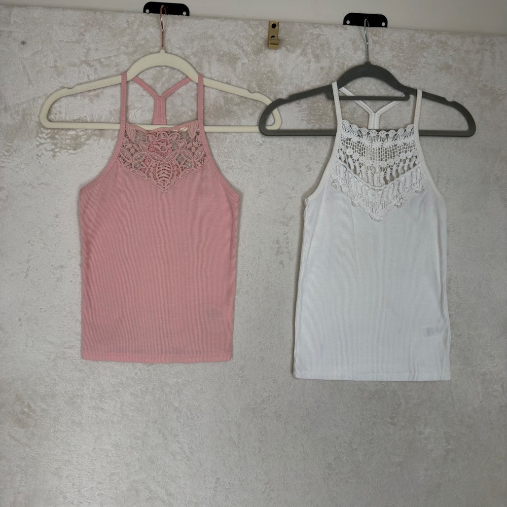 Vtg Aeropostale Y2K XS Ribbed Crochet Lace Racerback Tank Top Lot Pink White 2pk